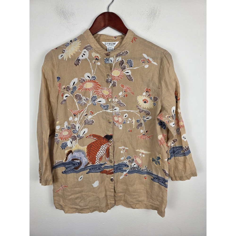 Citron Santa Monica Tan Silk Koi Fish Floral Mandarin Collar Blouse Large